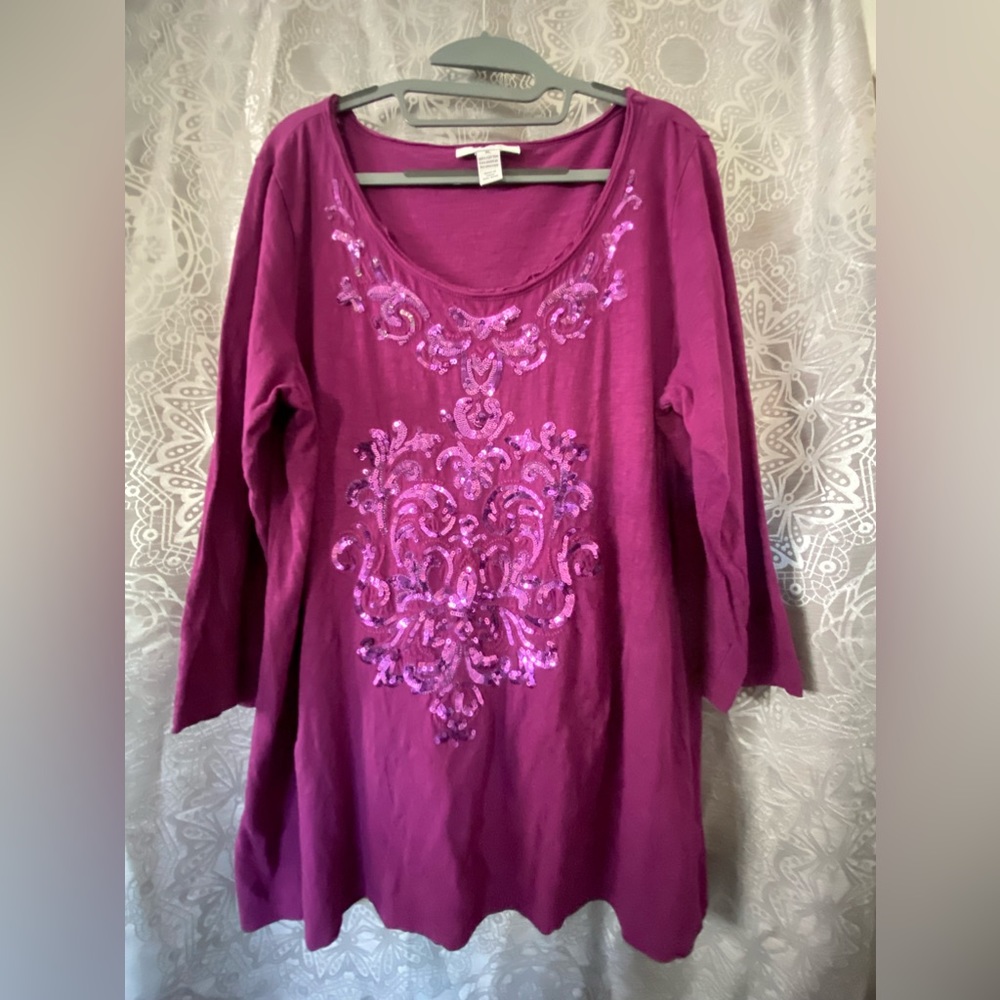 Style & Co. Women's Plum 3/4 Sleeve Scoop neck Sequin Front Tee Size XL